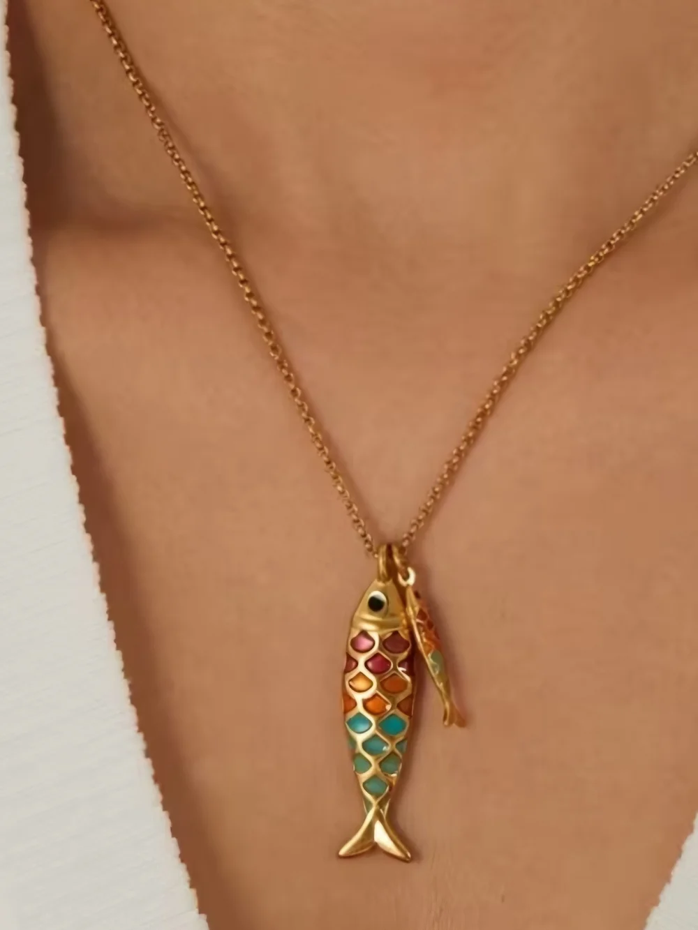Gold-Tone Multicolor Double Fish Pendant Necklace 16
